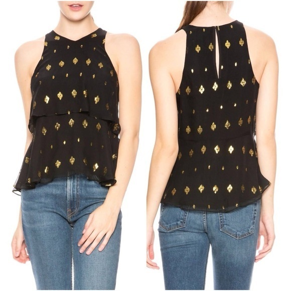 A.L.C. Tops - A.L.C. Duran Tiered Sleeveless Metallic Top, Black Silk with Gold, Size 10